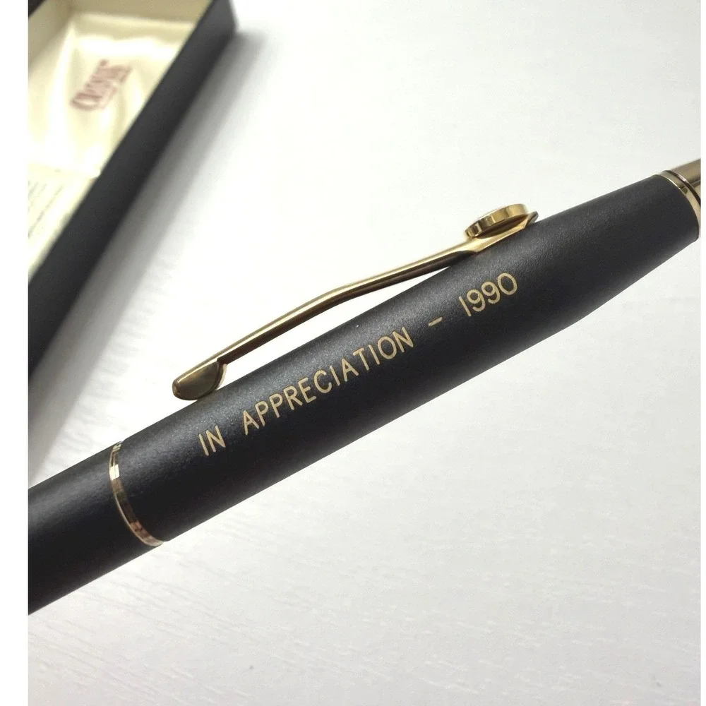 CROSS Rolling Ball Pen Black Gold Trim Vintage 1990 Engraved with Box Refills